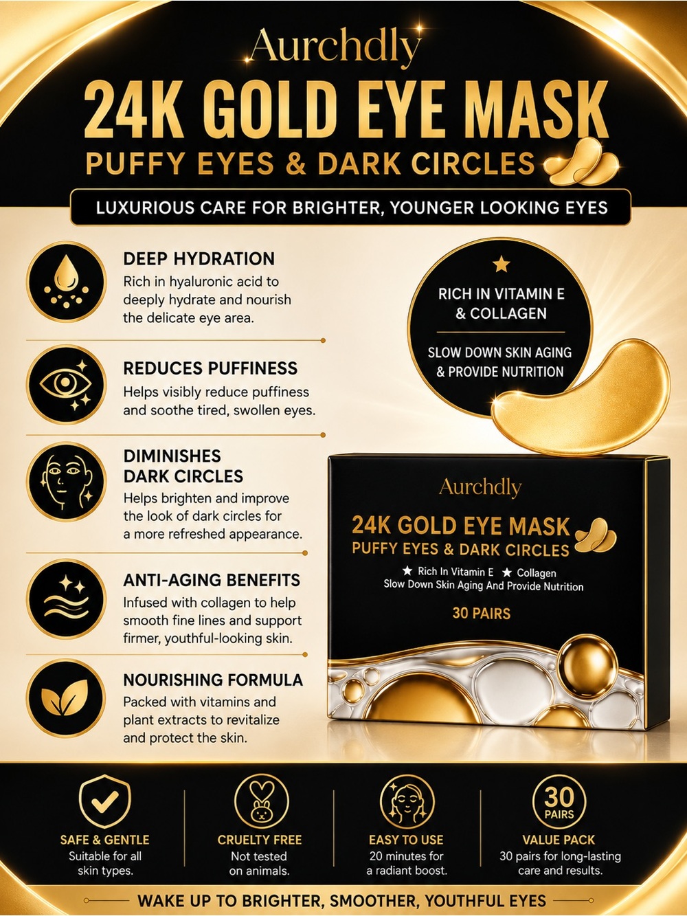 Aurchdly 24K Gold Eye Mask 30 Pairs Hyaluronic Acid Collagen Eye Patches
